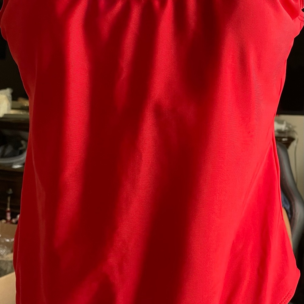 Red Baywatch style one piece swimsuit lowcut back